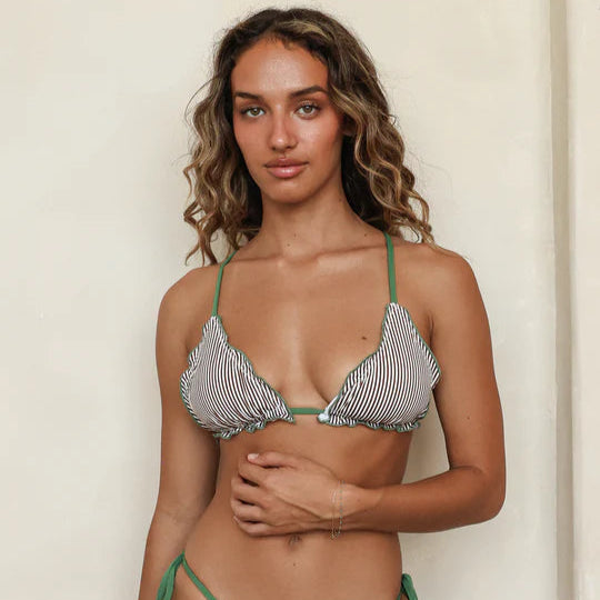 Cassie Triangle Bikini Top - Stripe Elm Green