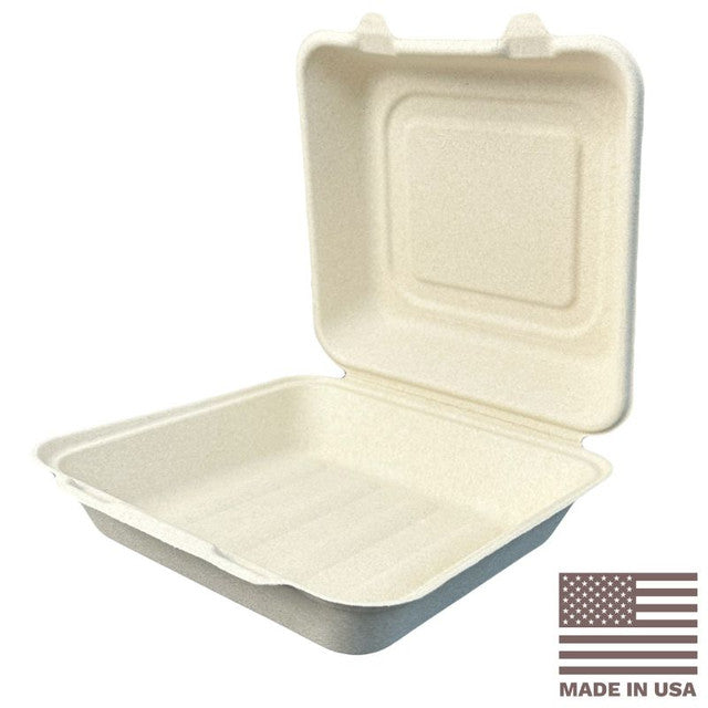 9x9" Compostable Fiber Clamshell Containers | No PFAS | 200/Case