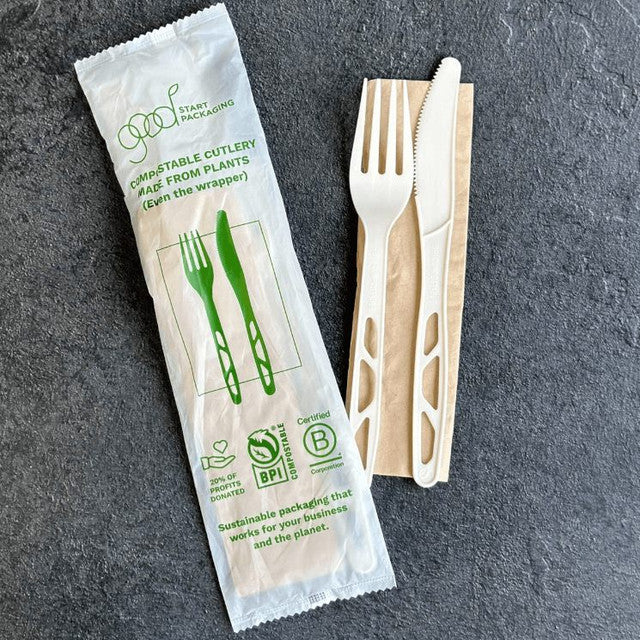 6" Wrapped Compostable cPLA Fork & Knife Set w/ Napkin | 500/Case