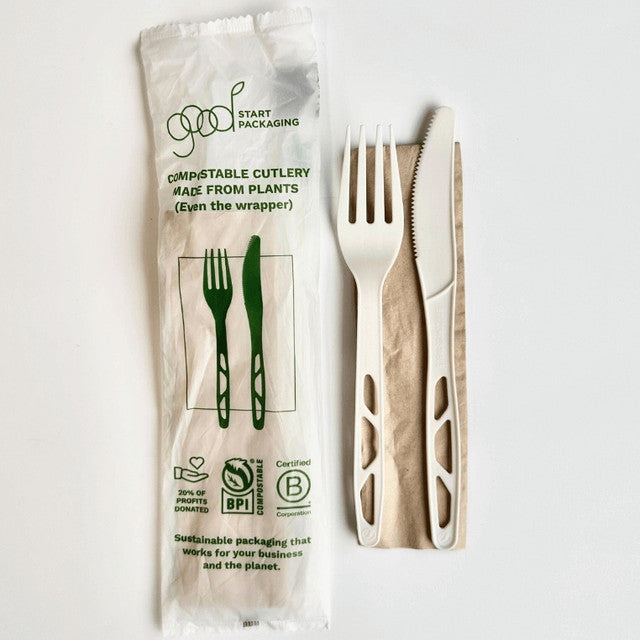 6" Wrapped Compostable cPLA Fork & Knife Set w/ Napkin | 500/Case