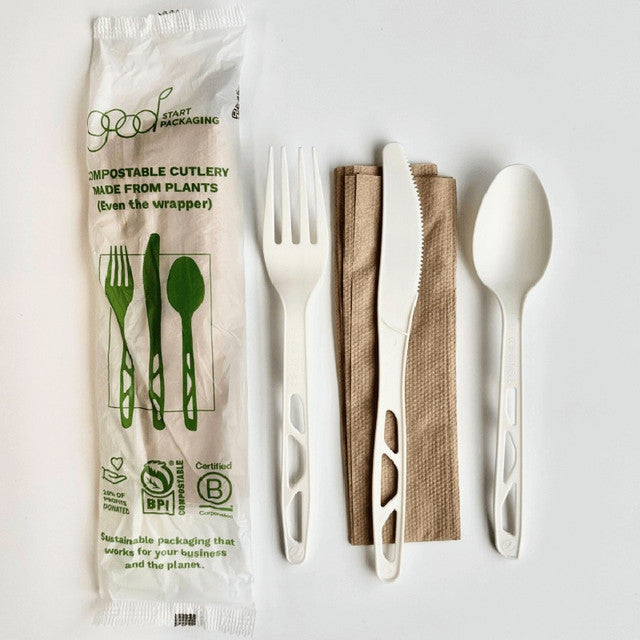 6" Wrapped Compostable cPLA Utensil Set w/ Napkin | 250/Case