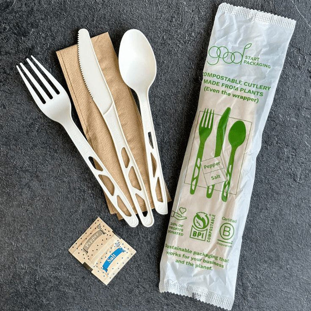 6" Wrapped Compostable cPLA Utensil Set w/ Napkin, Salt & Pepper | 250/Case