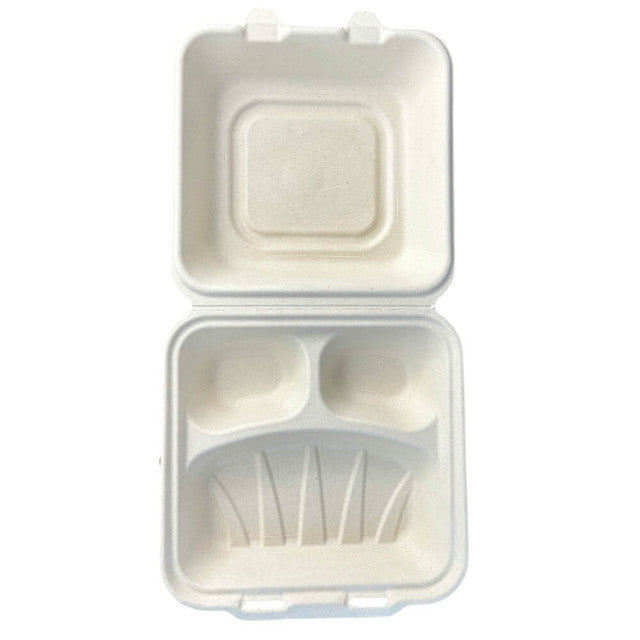 8x8" 3-Compt Compostable Fiber Clamshell Containers | No PFAS | 200/Case