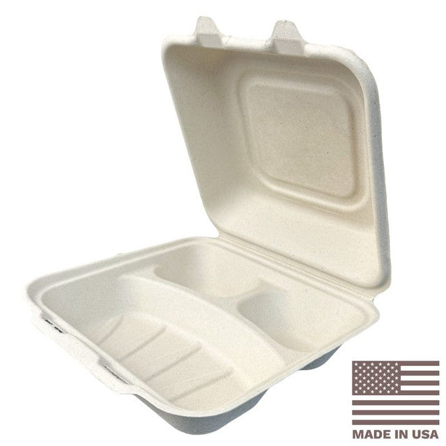 8x8" 3-Compt Compostable Fiber Clamshell Containers | No PFAS | 200/Case