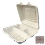 8x8" 3-Compt Compostable Fiber Clamshell Containers | No PFAS | 200/Case