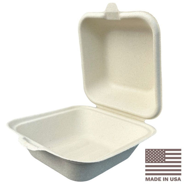6x6" Compostable Fiber Clamshell Containers | No PFAS | 400/Case