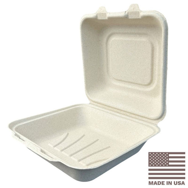 8x8" Compostable Fiber Clamshell Containers | No PFAS | 200/Case