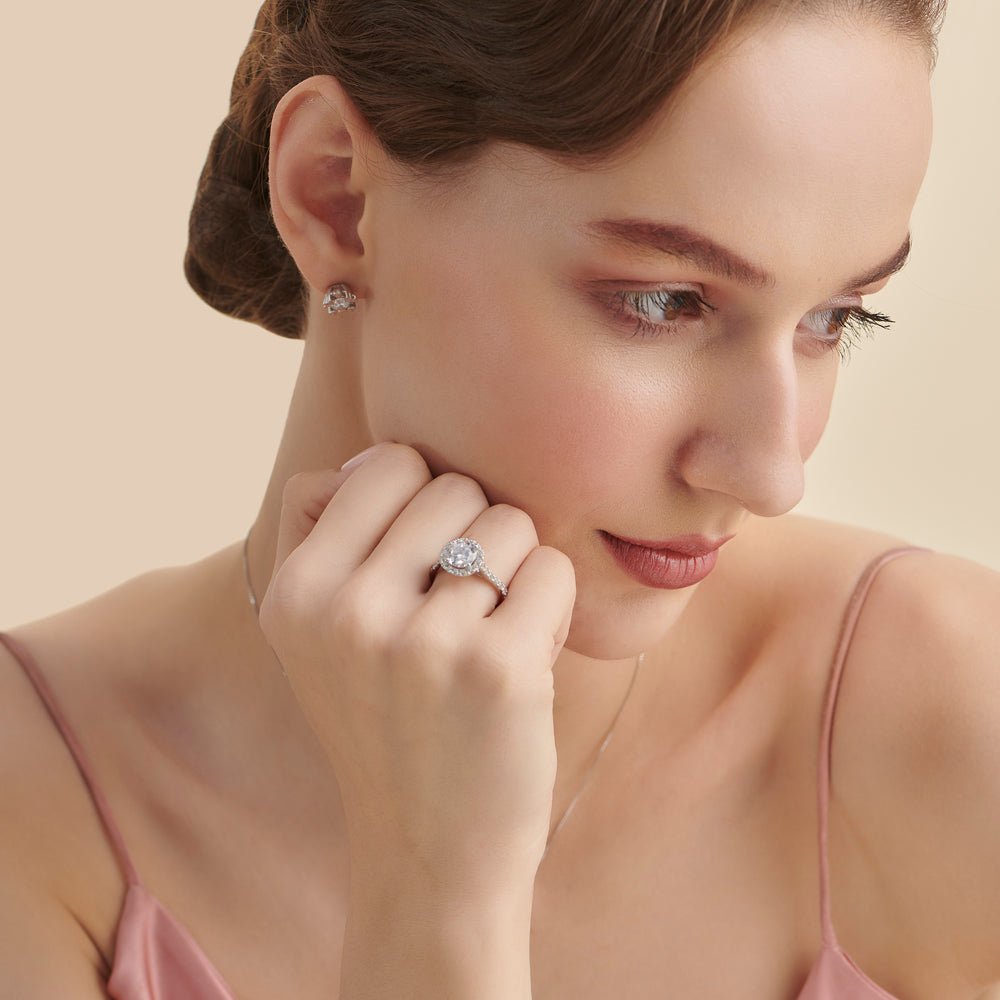 Lab Created Diamond Engagement Ring | Flare White Gold Cathedral Halo Round