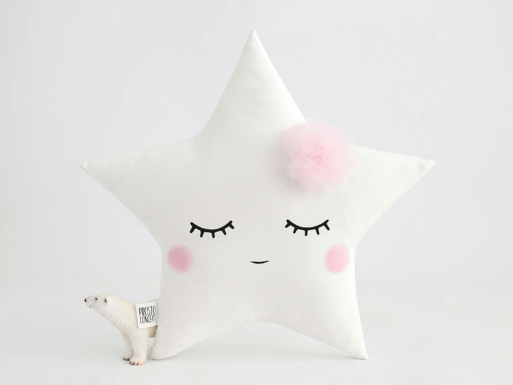 Set of 3 Pillows - Cloud (2 colors), White Crescent Moon and White Star Pillows with Pale Pink Touch