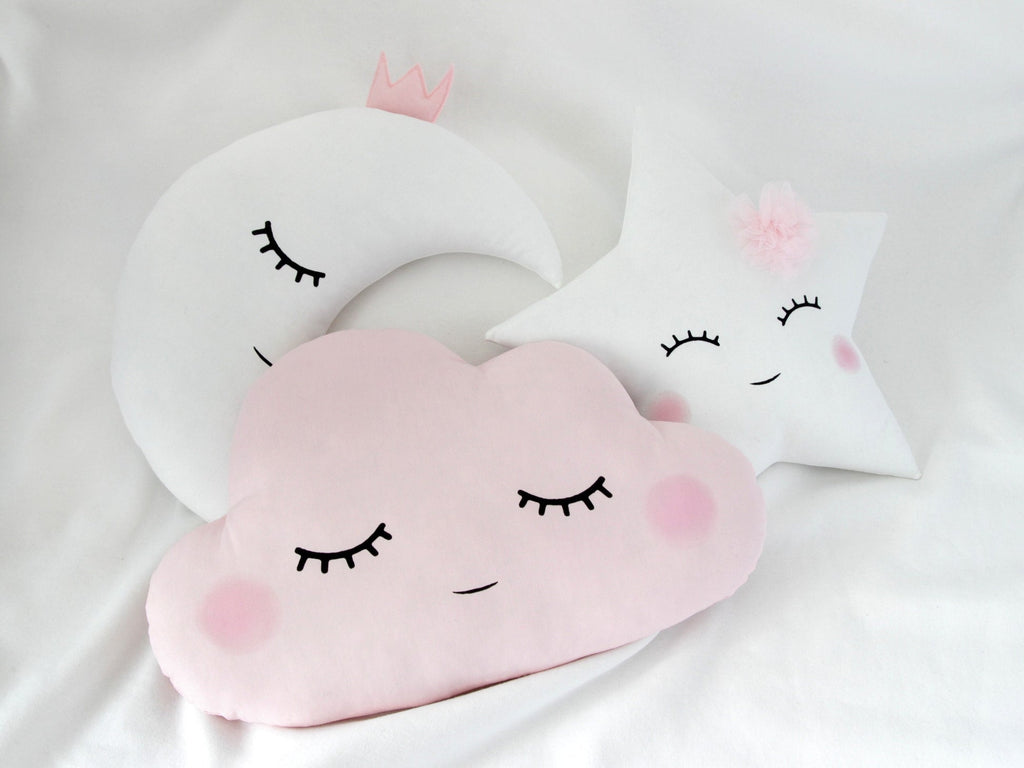 Set of 3 Pillows - Cloud (2 colors), White Crescent Moon and White Star Pillows with Pale Pink Touch