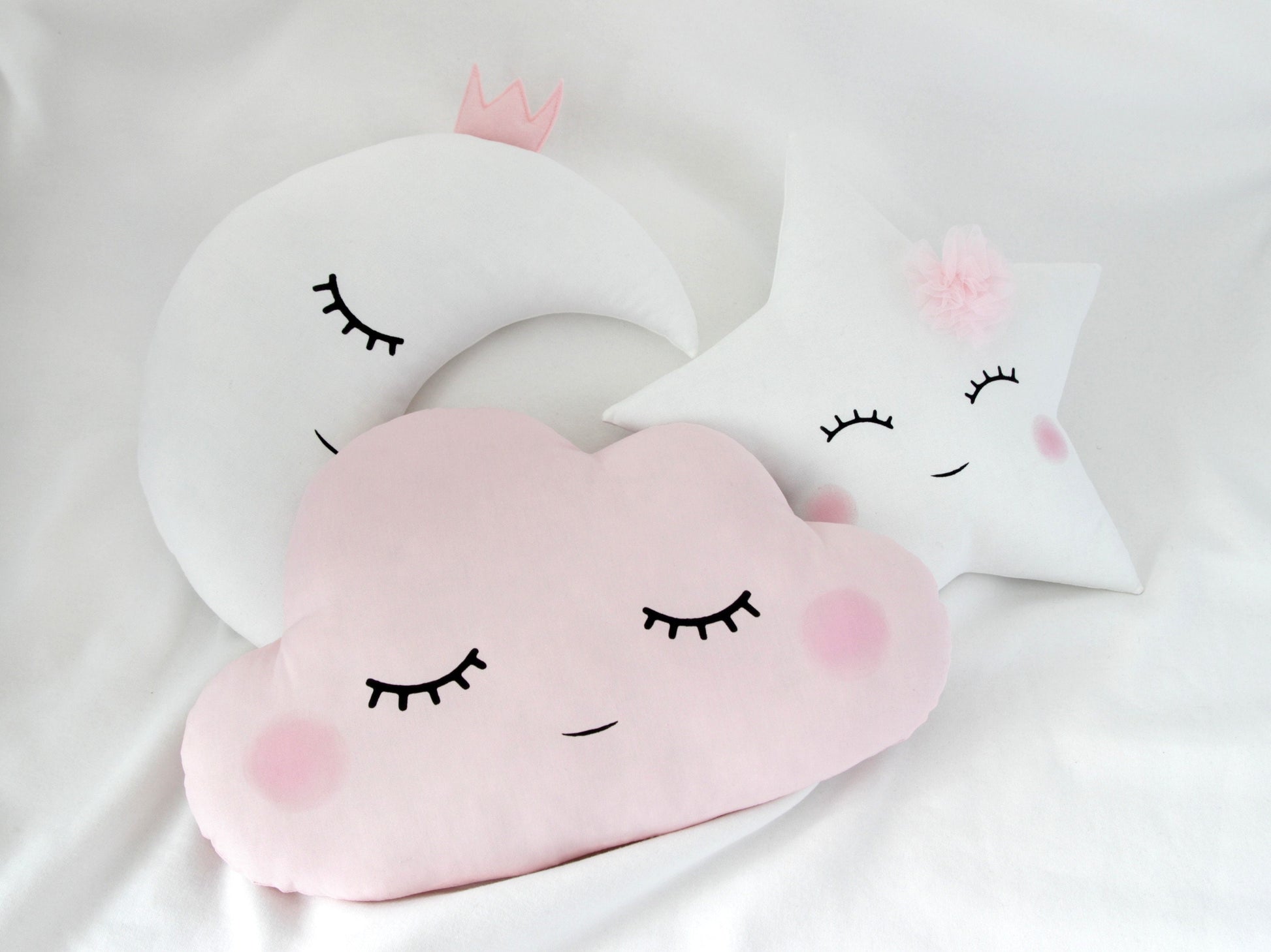 Set of 3 Pillows - Cloud (2 colors), White Crescent Moon and White Star Pillows with Pale Pink Touch