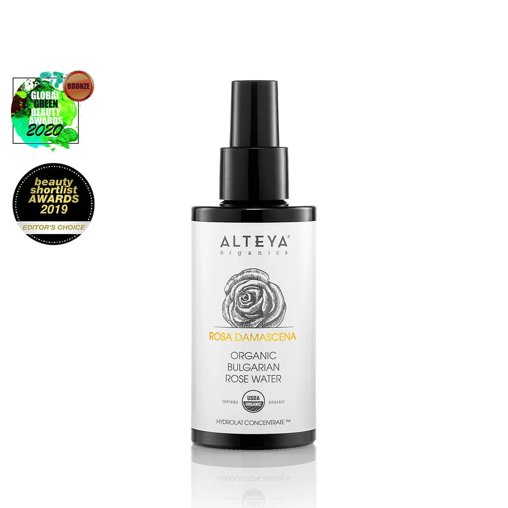 Alteya's Organic Toner Mist 3.4 Fl Oz - Rose Water Violet Glass spray