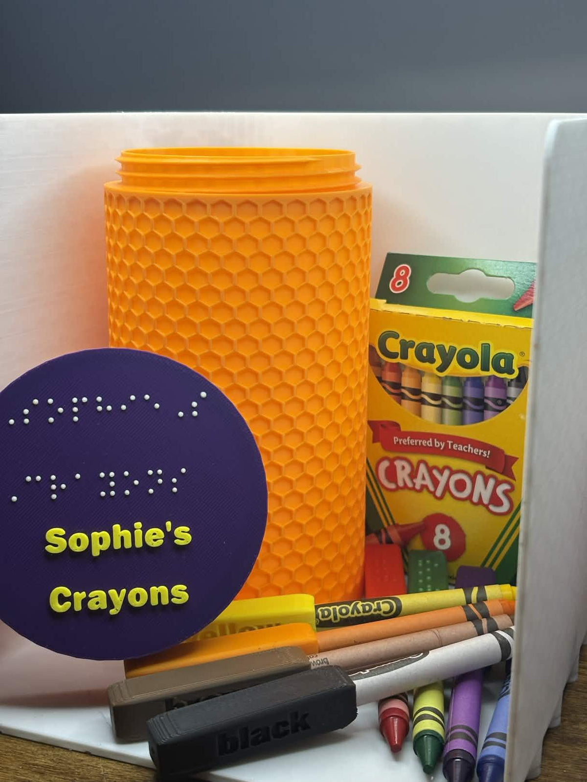 Personalized Braille Crayon Holder and Caps Set | Crayola 8-Pack Accessible Coloring