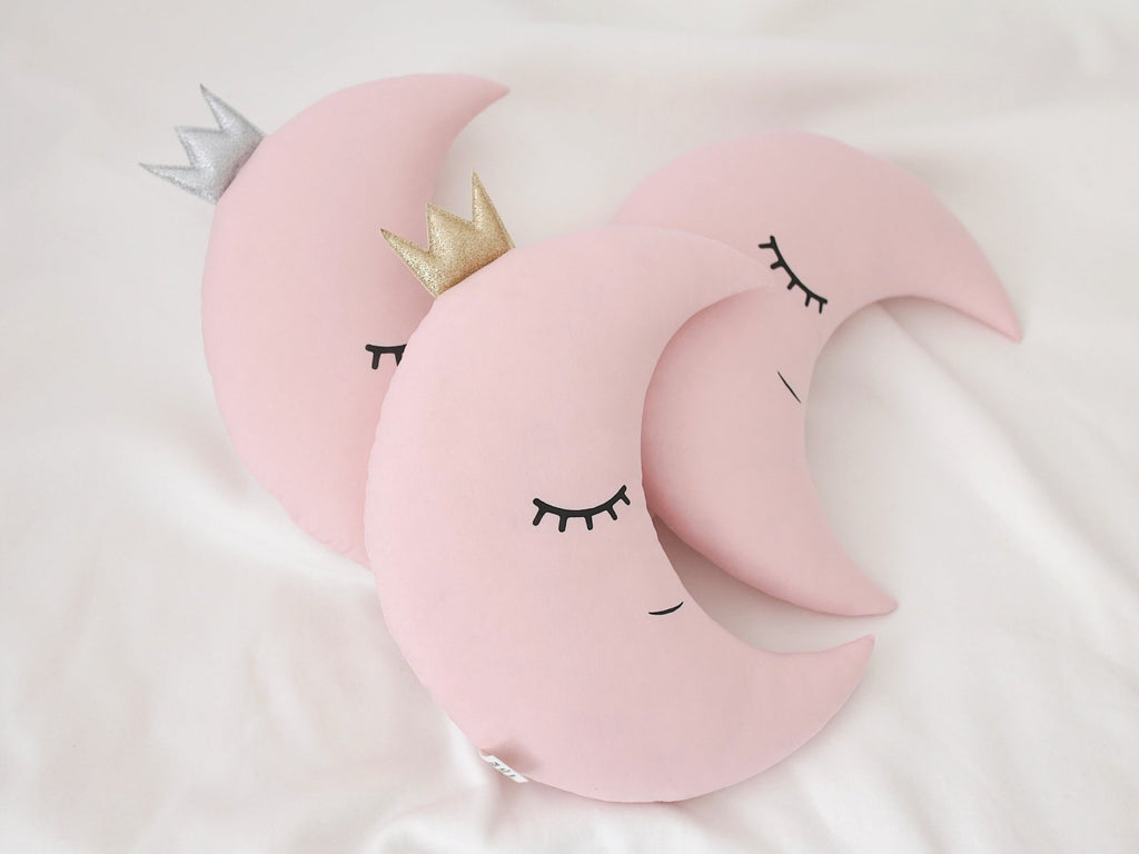 Pale Pink Crescent Moon Pillow with Crown or Star