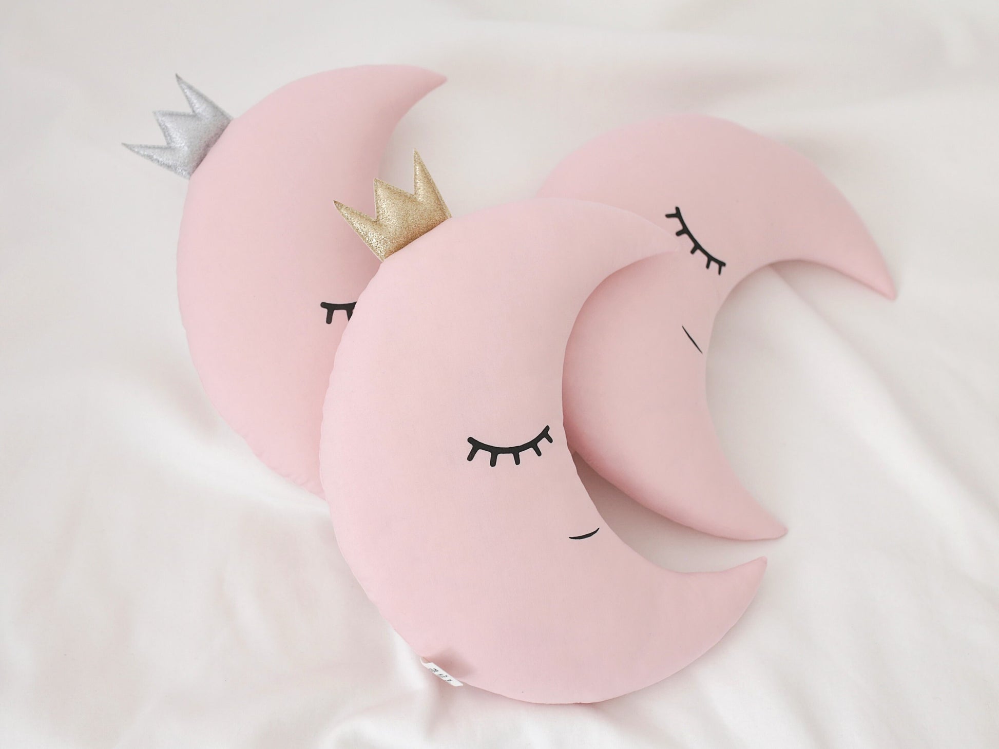Pale Pink Crescent Moon Pillow with Crown or Star