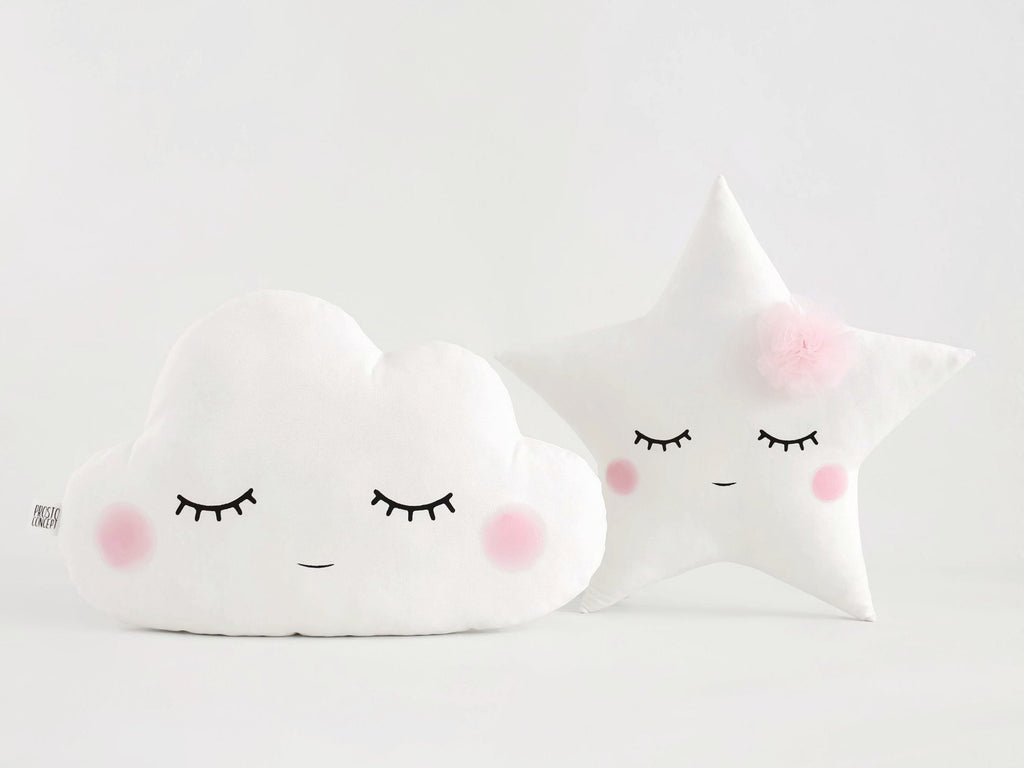 Set of 2 White Pillows - Cloud Pillow and Star Pillow with Tulle Flower