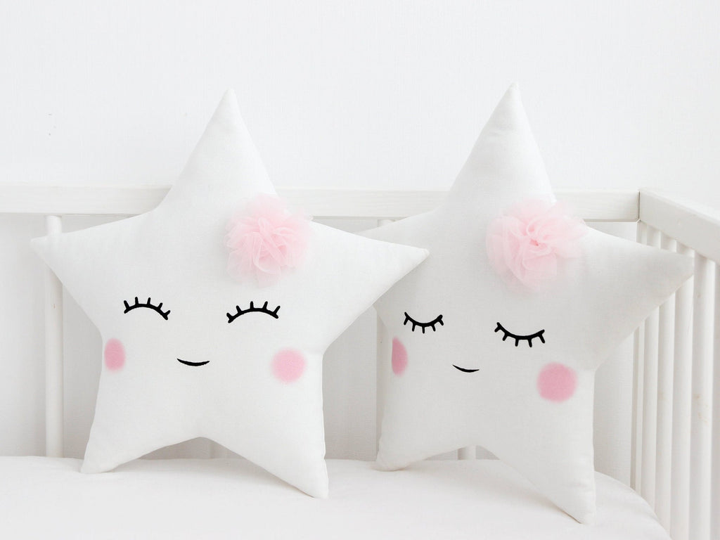 Set of 2 White Pillows - Cloud Pillow and Star Pillow with Tulle Flower