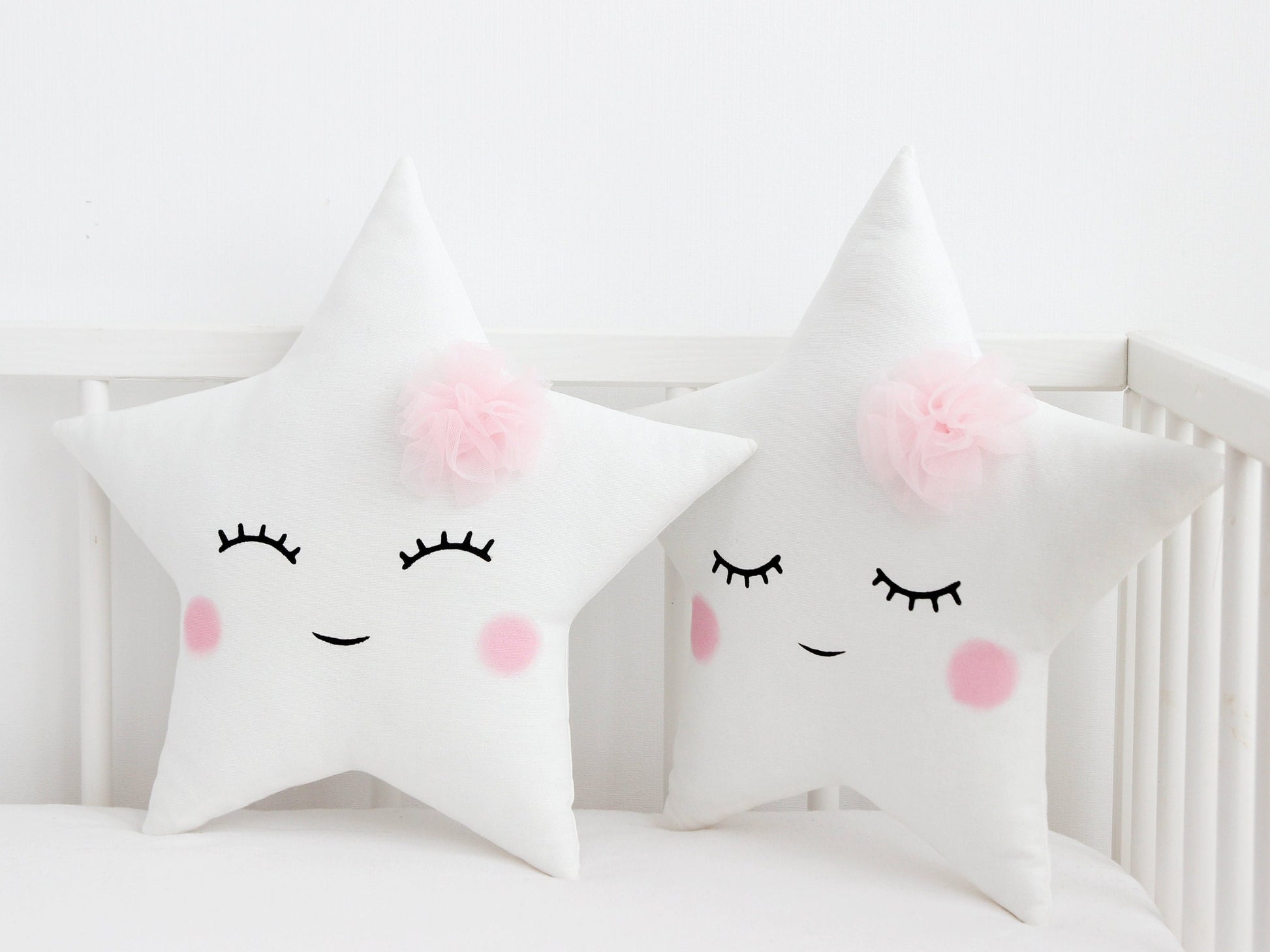 Set of 2 White Pillows - Cloud Pillow and Star Pillow with Tulle Flower