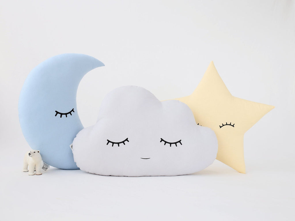 Set of 3 Pillows - Light Gray Cloud, Baby Blue Moon and Pastel Yellow Star Pillows