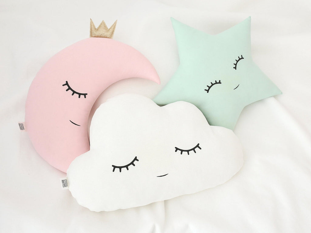 Set of 3 Pillows - White Cloud, Pale Pink Crescent Moon and Green Mint Star Pillows