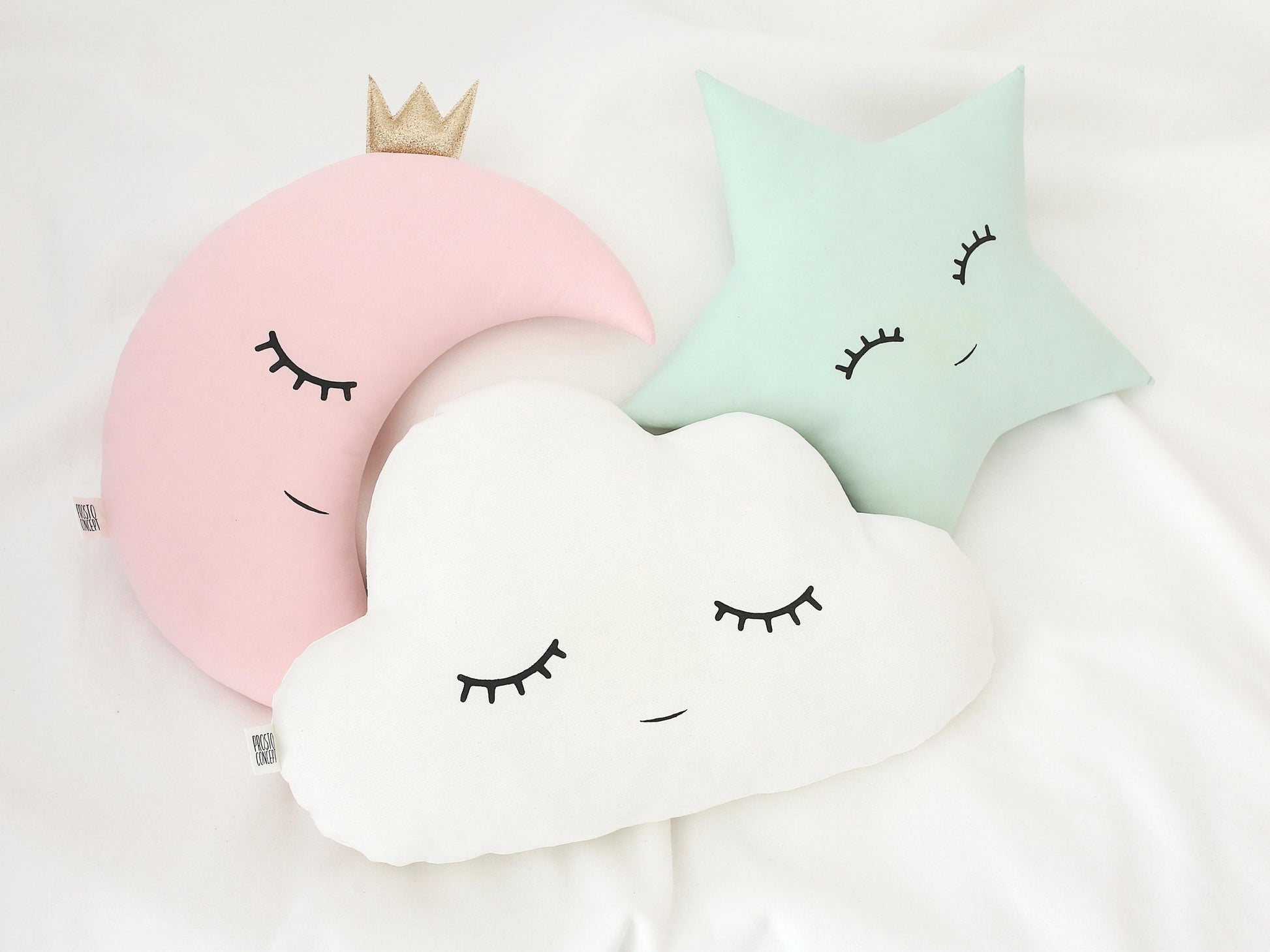 Set of 3 Pillows - White Cloud, Pale Pink Crescent Moon and Green Mint Star Pillows