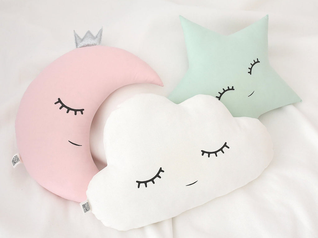Set of 3 Pillows - White Cloud, Pale Pink Crescent Moon and Green Mint Star Pillows