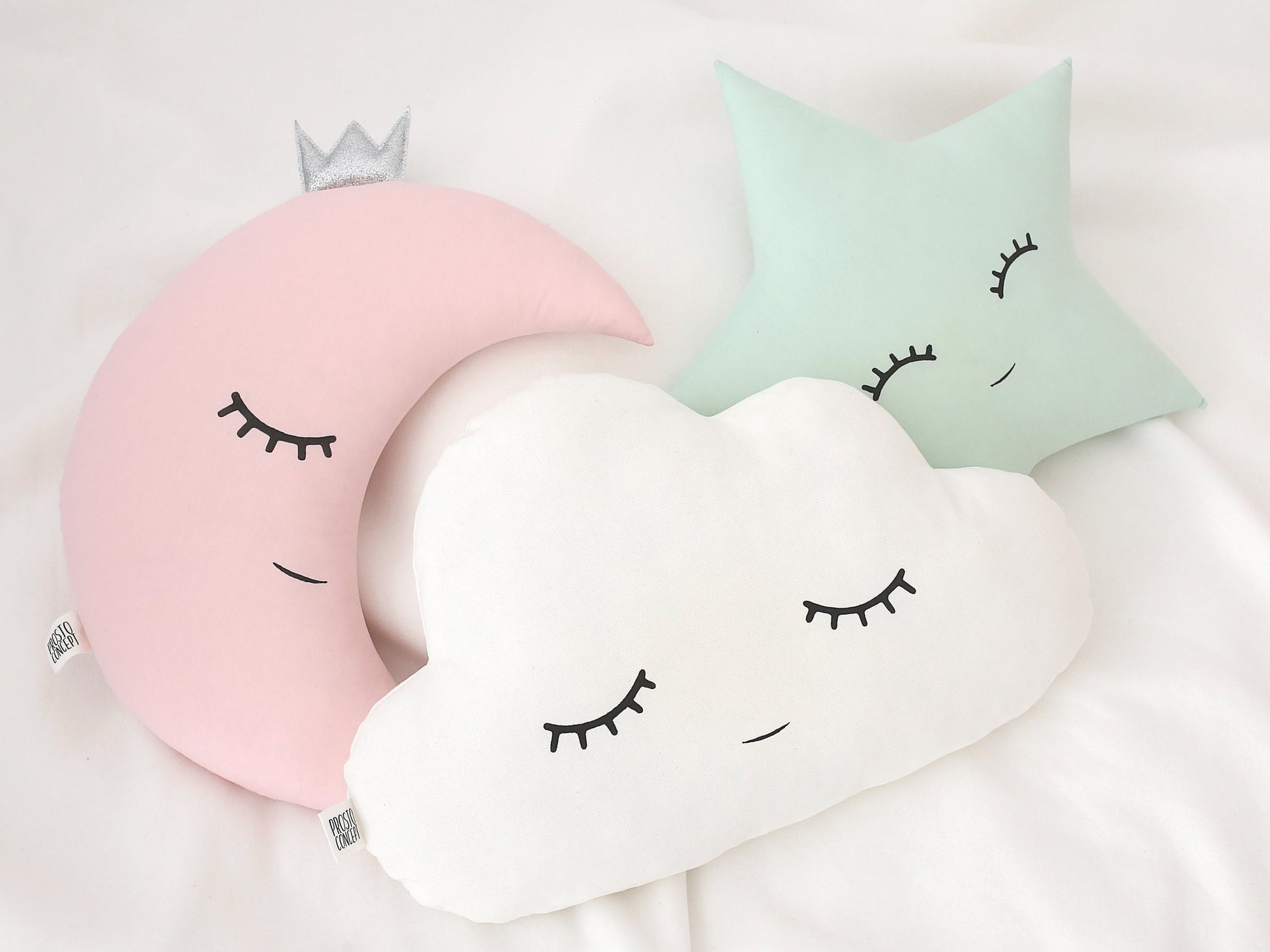 Set of 3 Pillows - White Cloud, Pale Pink Crescent Moon and Green Mint Star Pillows