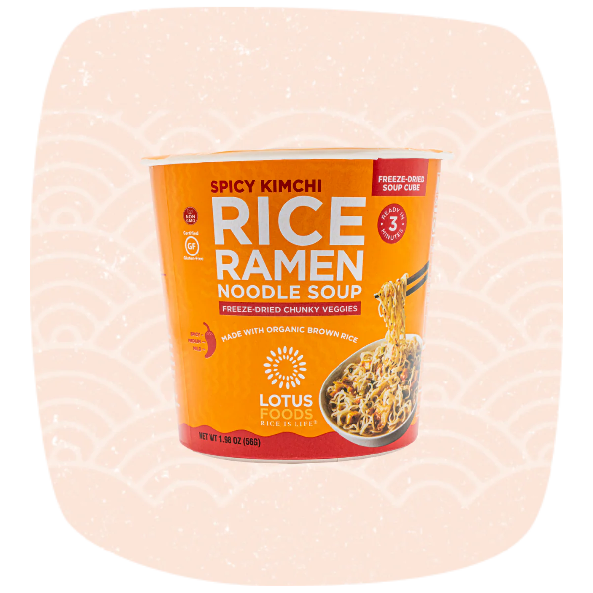Spicy Kimchi Rice Ramen Noodle Soup with Freeze-Dried Chunky Veggies