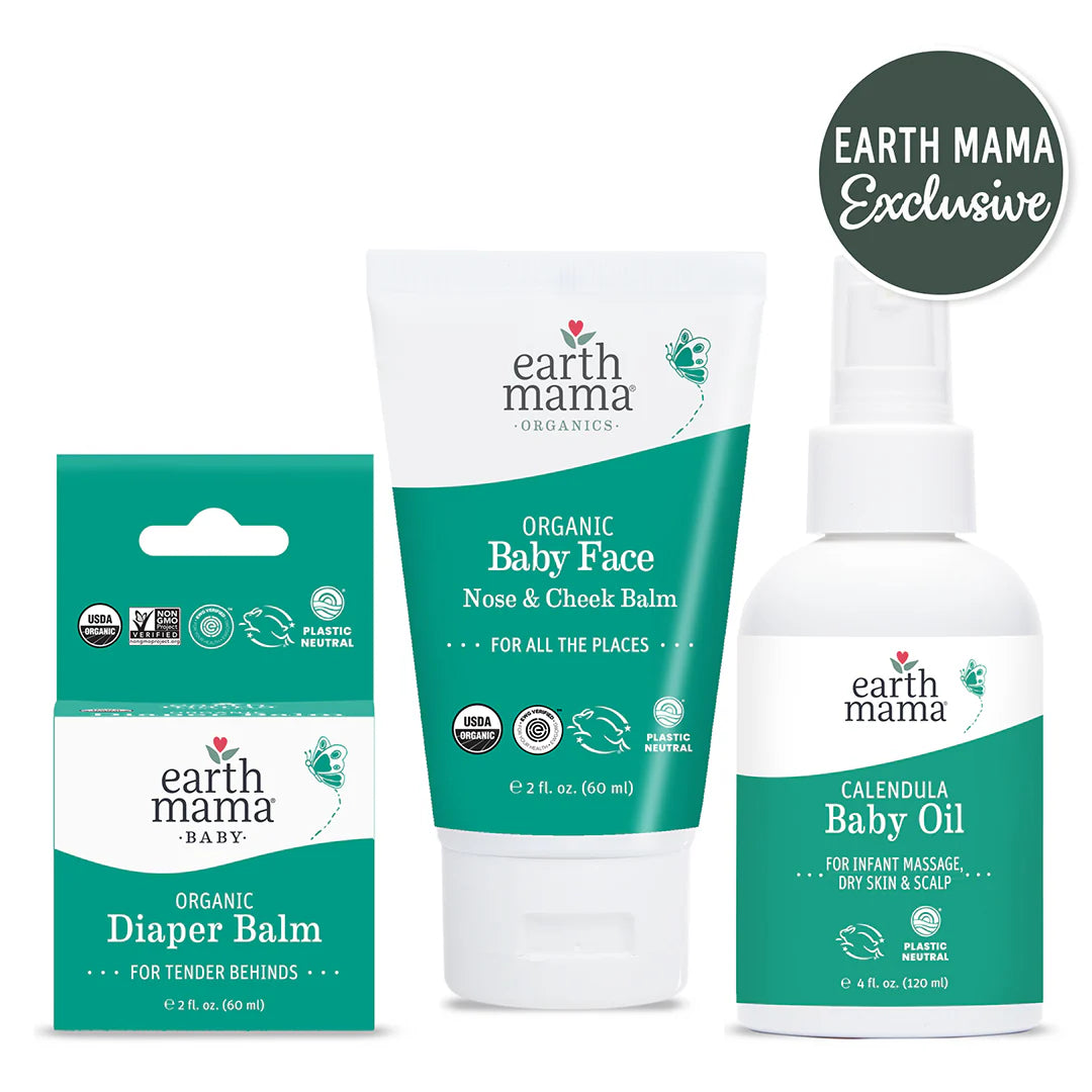 Earth Mama Baby Starter Kit | Diaper Balm | Baby Oil | Nose & Cheek Balm